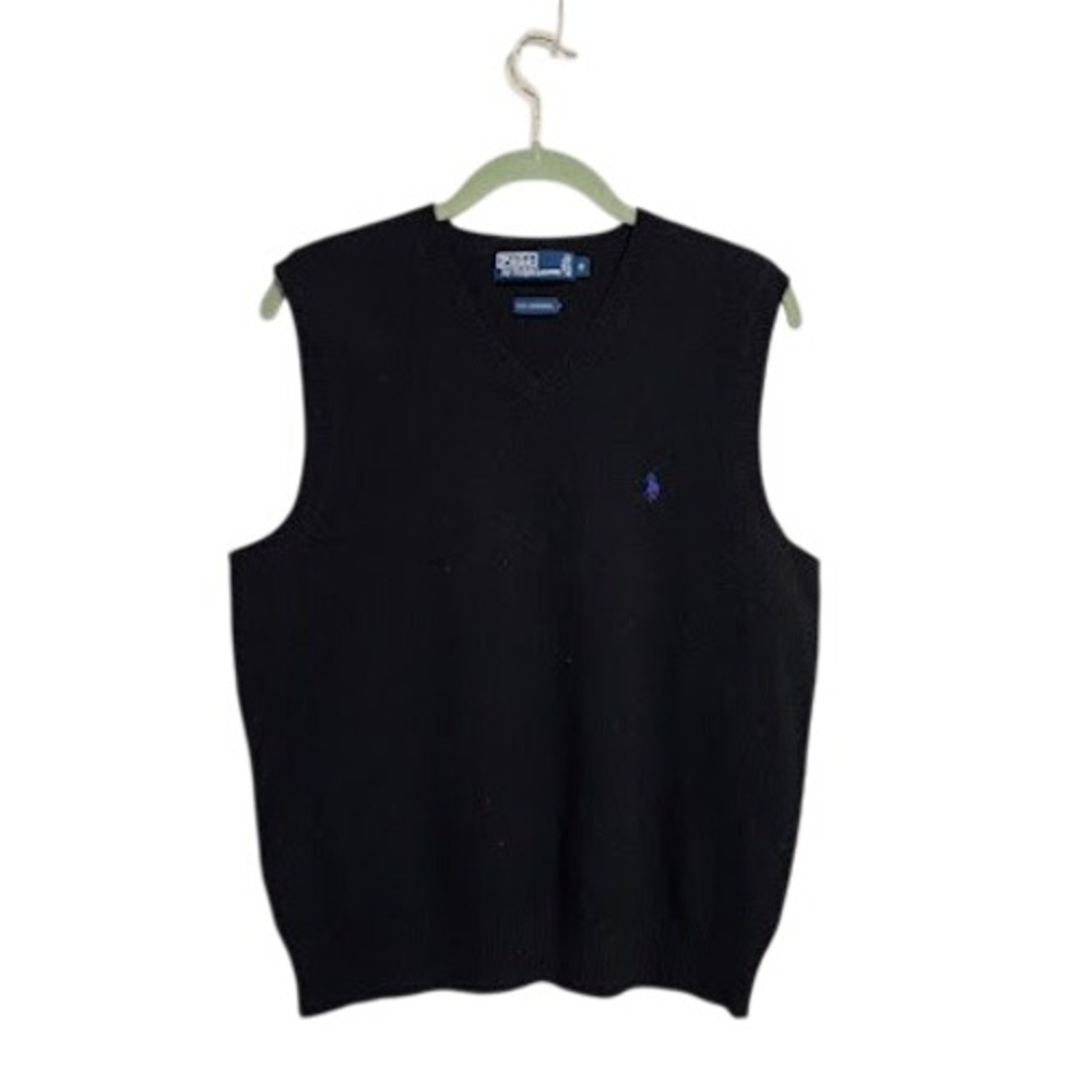 Polo Ralph Lauren Vintage Y2k Lambswool V-Neck Sweater Vest Black Blue Pony S